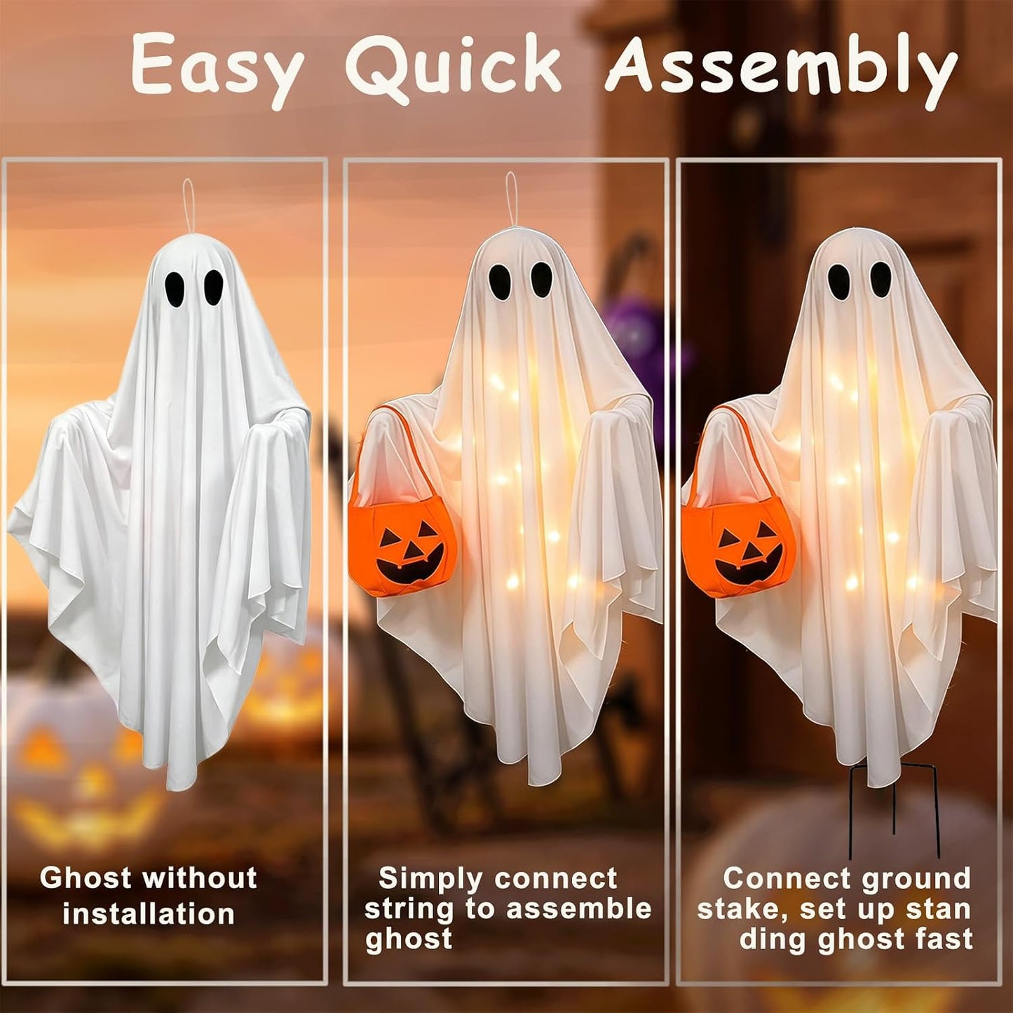 Solar Ghost Halloween Lights 2Pack Hanging Stake Yard Decor | Solar glowing ghost decor, rainproof, dual mount. Perfect lawn porch decor for Halloween fans.