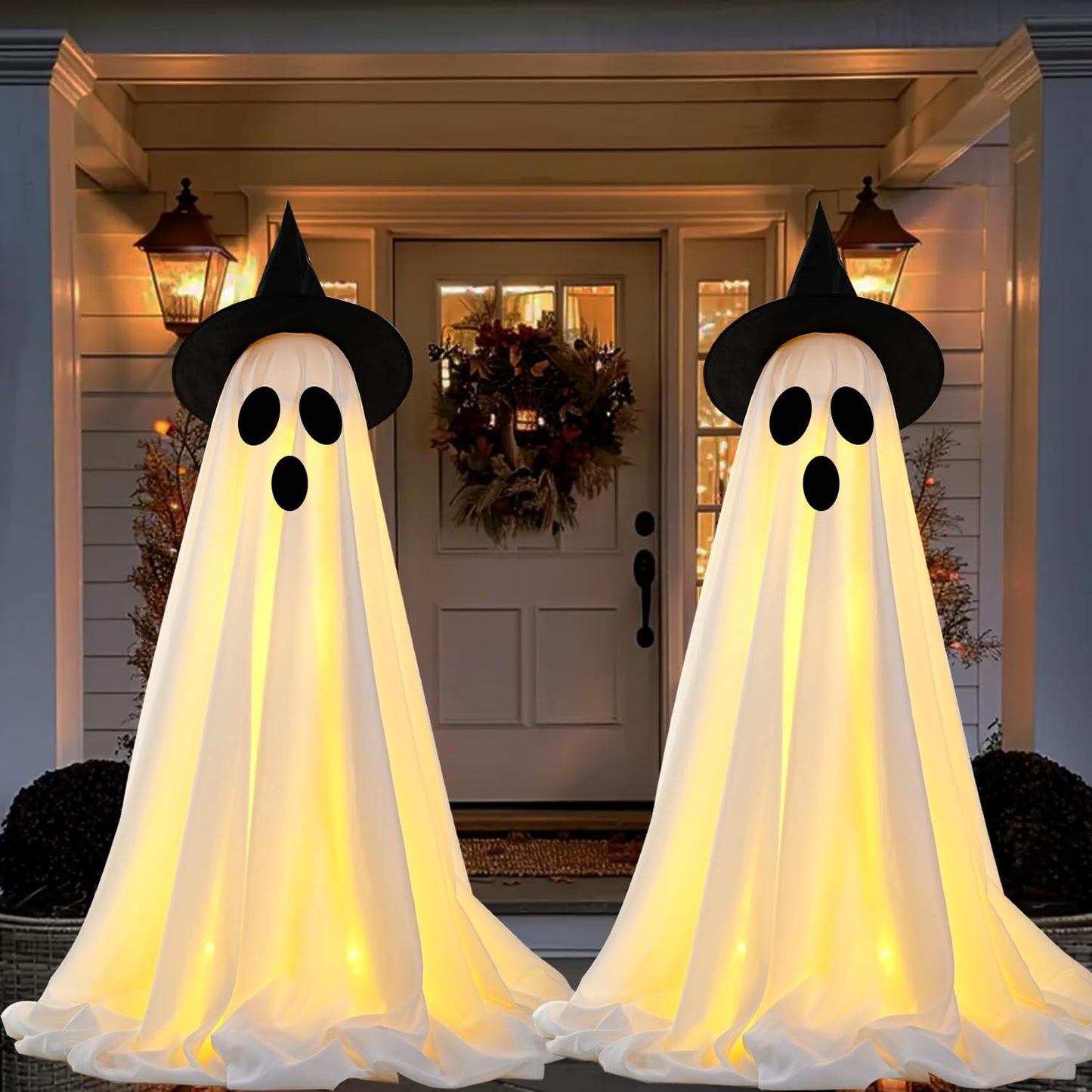 Set of 4 Halloween Hanging Ghosts, Halloween Decorations Outdoor Hanging Ghosts with Witch Hat,Glowing Ghost Witch Hat Lights, Light up Ghost Decor for Yard Patio Garden Tree Outside(4 Ghost Lighted)