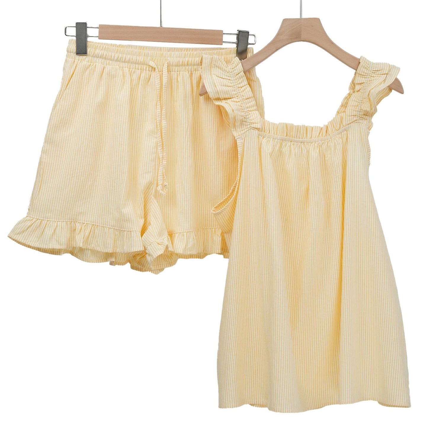 Flygo Striped Pajamas Set for Women Cotton 2 Piece Lounge Sets Ruffle Cami Top and Shorts Cute Summer Pj Sleepwear