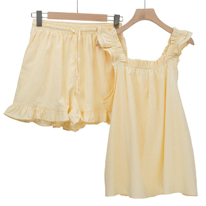 Flygo Striped Pajamas Set for Women Cotton 2 Piece Lounge Sets Ruffle Cami Top and Shorts Cute Summer Pj Sleepwear