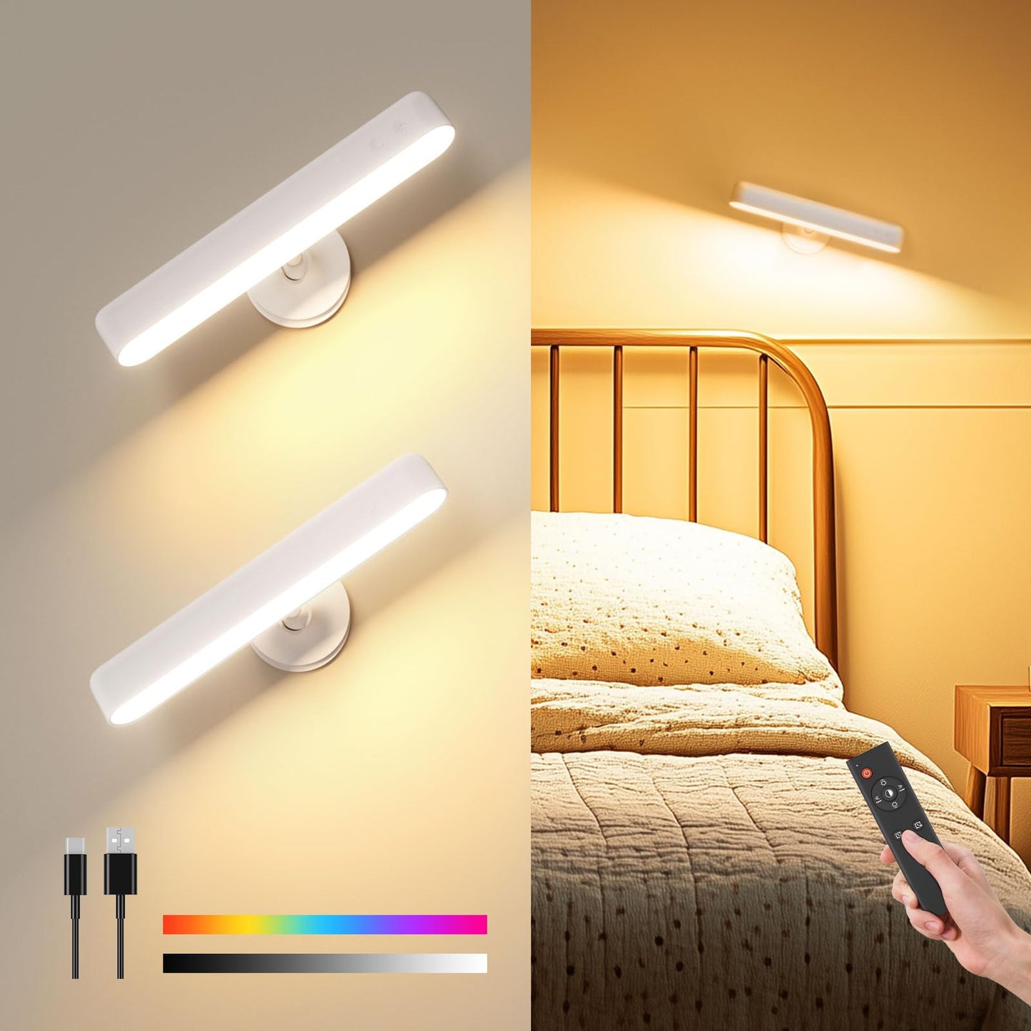 PopoIron Wall Sconce with 7500mAh Rechargeable Battery LED Wall Light for Bedroom with Remote Control, 3 Colors Wireless Wall Lamp 360° Rotation Dimmable Brightness with 15 RGB Colors,Black,1 Pack