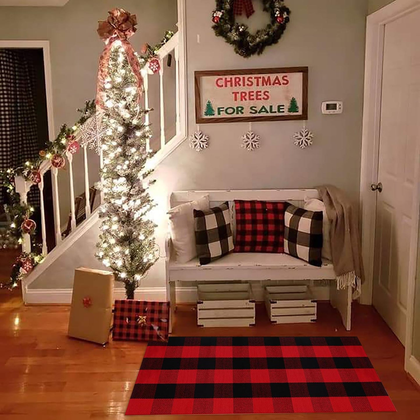 Christmas Door Mat Outdoor 35.4''x59'' Buffalo Plaid Christmas Decor Rug Cotton Hand-Woven Layered Door Mats Washable Carpet for Front Porch, Kitchen, Farmhouse, Entryway