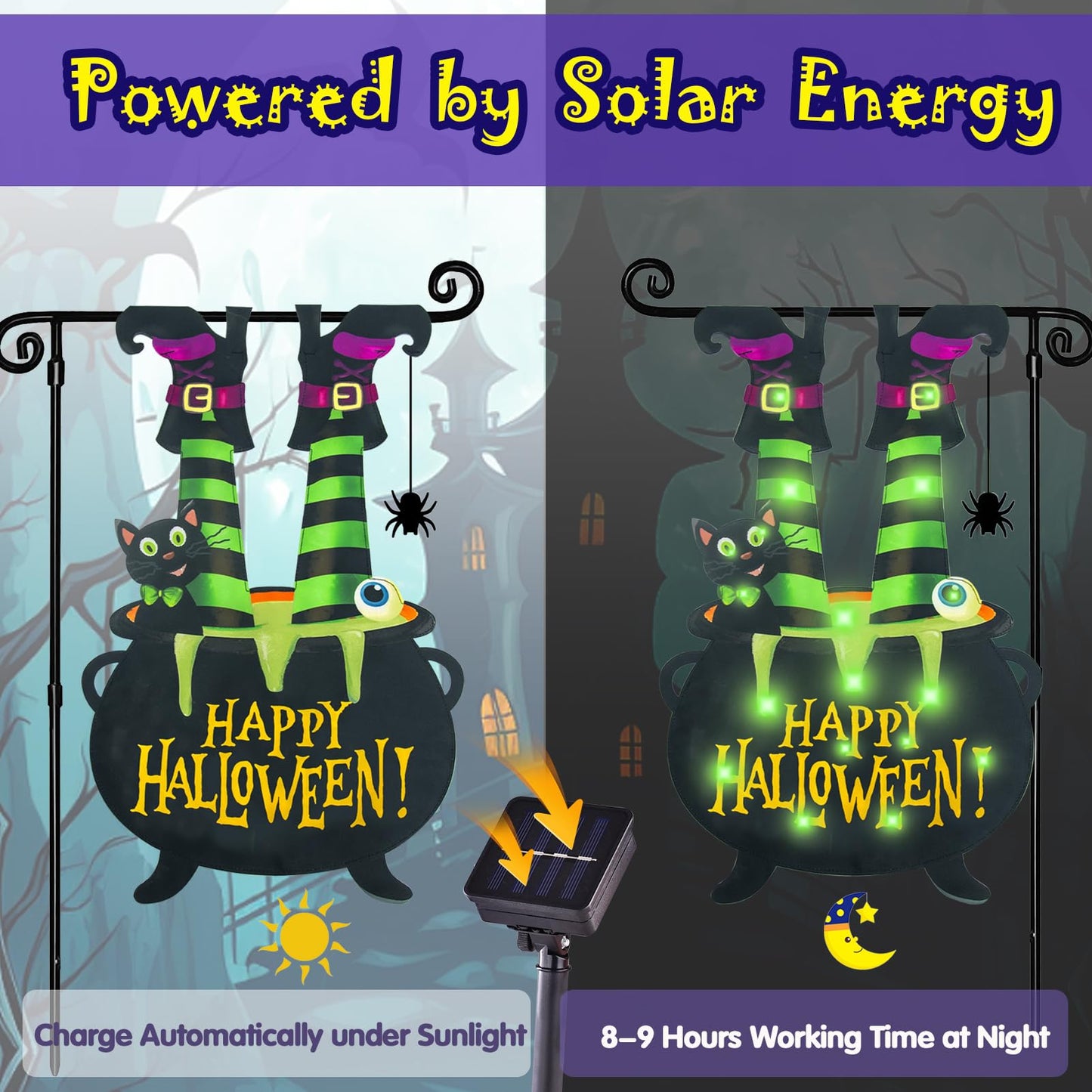 Halloween Lighted Garden Flag for Outside, Led Solar Yard Flag 8 Modes Witch Feet Shape Flag, 28x40 Double Sided Cauldron Eyeball Black Cat Decorations for Home Porch
