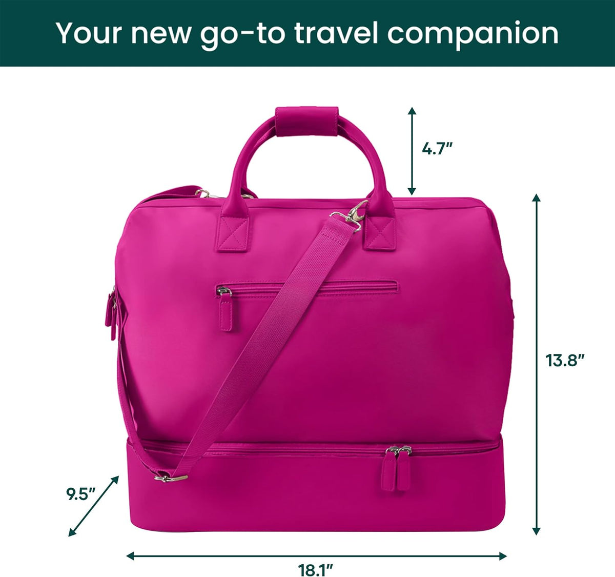 Nobl Travel Weekender Bag for Women & Men, Large Carry-On Duffel, Hot Pink