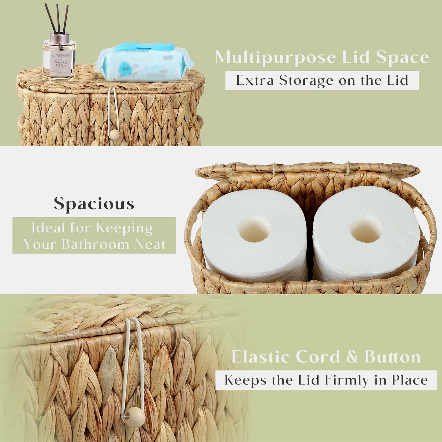 YANGQIHOME Toilet Paper Storage, Water Hyacinth Toilet Paper Storage with Lid, Papers Container for up to 9 Mega Rolls, Bathroom Basket Organizer