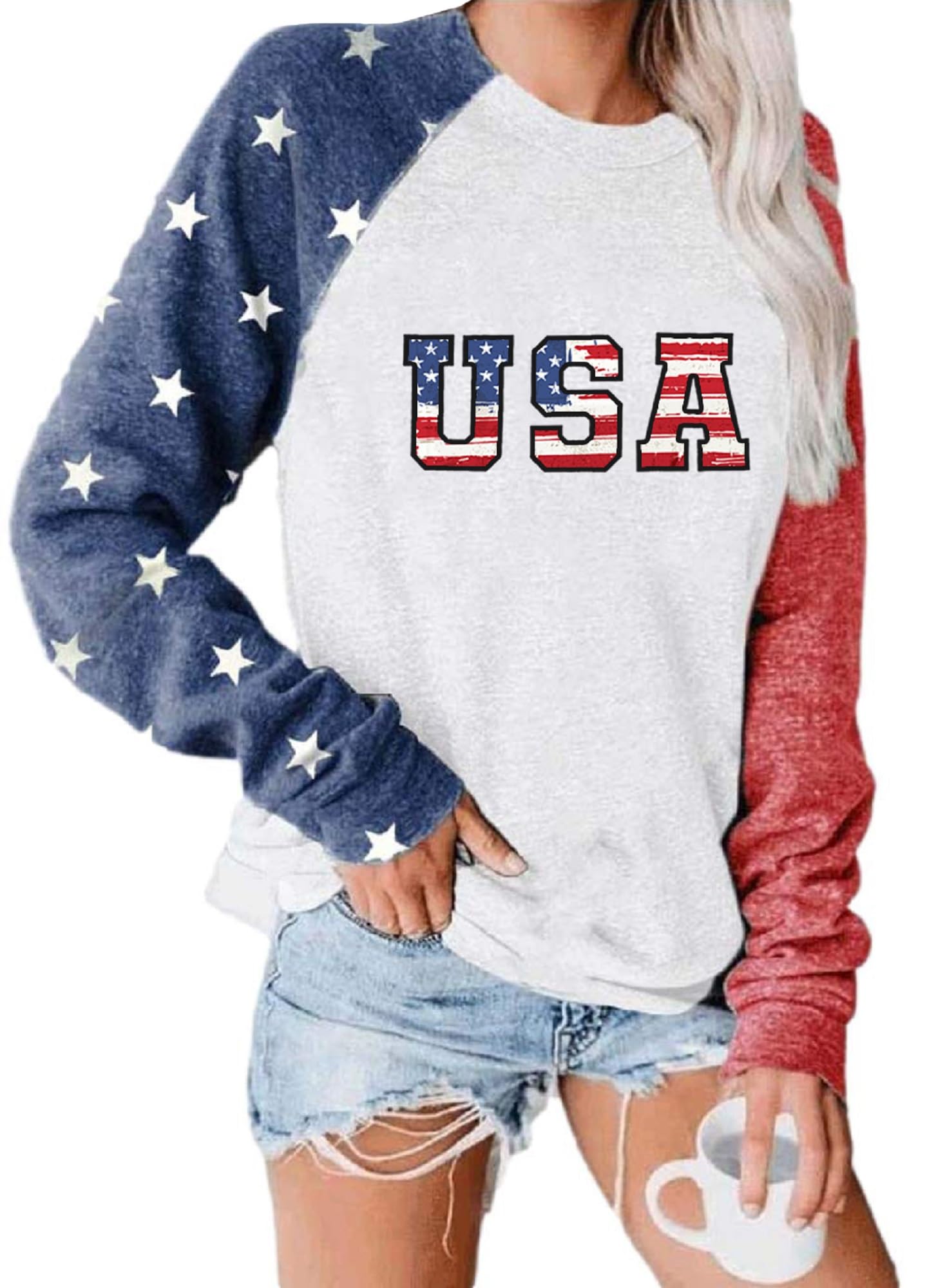 Womens Long Sleeve Baseball Mom American Flag Star Sweatshirt