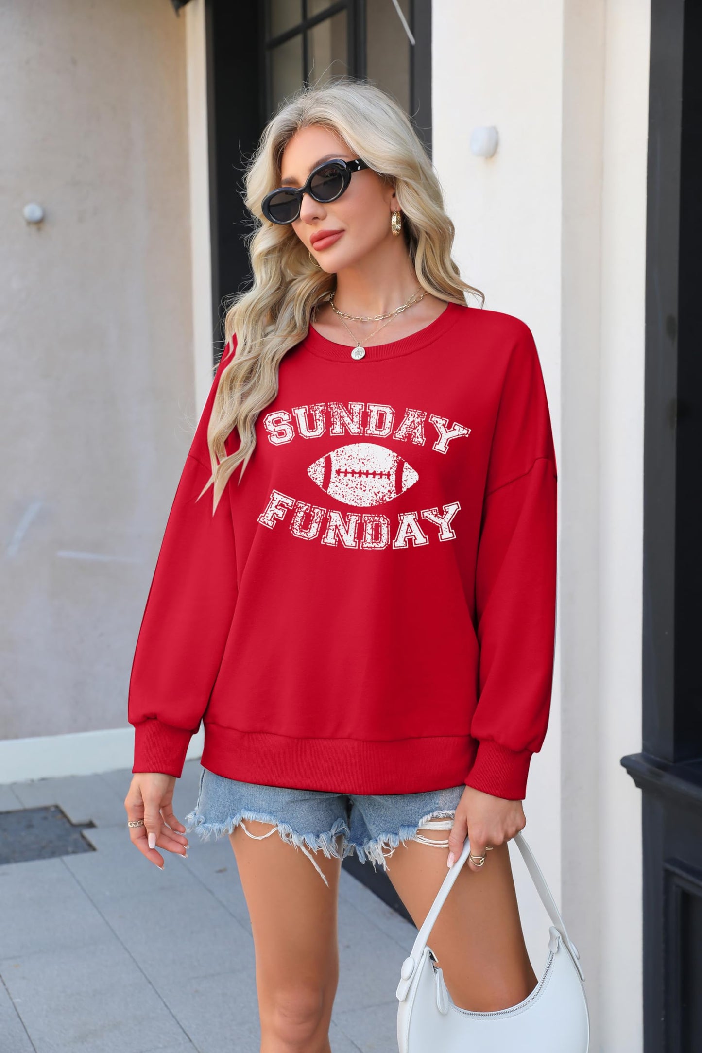 FLOYU Women Sunday Funday Sweatshirt Cute Football Graphic Pullover Game Day Weekend Tops Casual Football Season Shirt