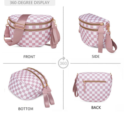 Pure Colour Crossbody Bum Bags for Women Spacious Checkered Cross body Bag Nylon Trendy Fanny Pack for Travel