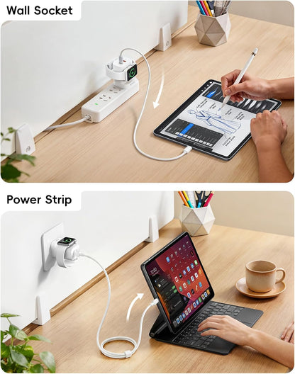 VRURC Fast Charger for Apple Watch, Built-in Wireless Magnetic Charging Station for iWatch SE/11/10/9/8/7/6/5/4, PD 20W USB C Charging Block, Foldable Wall Charger for iPhone 17/16/15/14/13-White