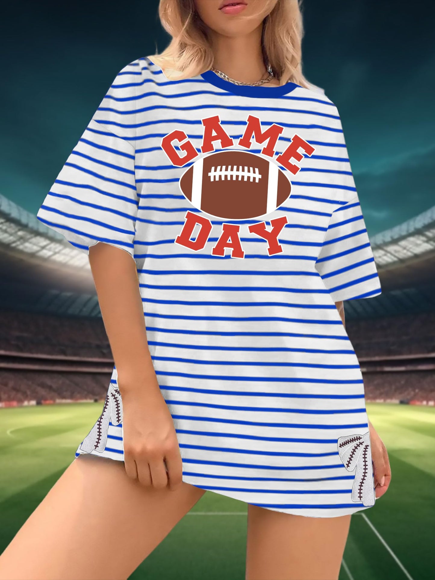 Football Shirts for Women Oversize Game Day T-Shirts Bow Side Split T-Shirt | Football Season Graphic Tee Tops Oversize Football Graphic Short Sleeve Tee Top