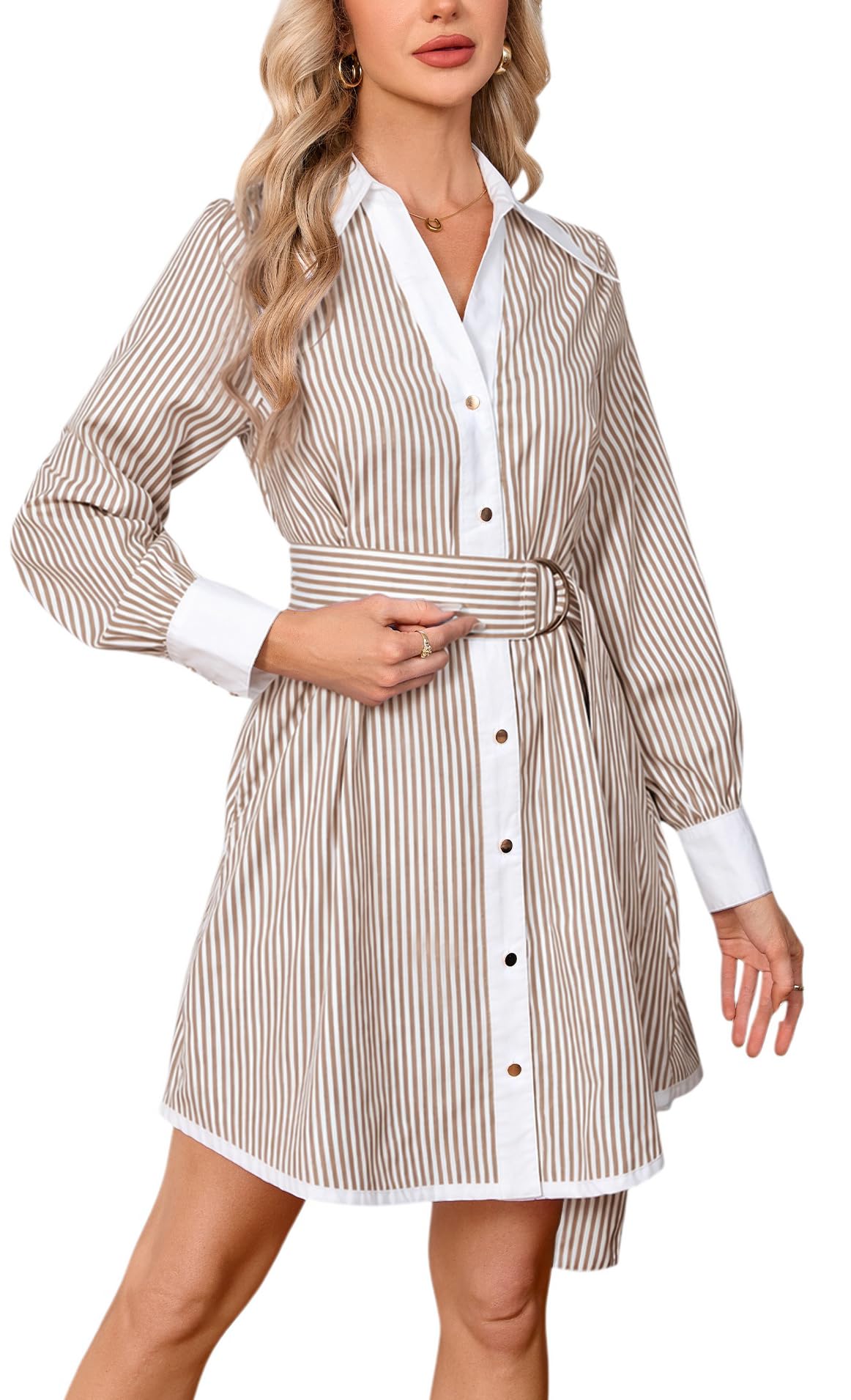 Womens Striped Long Sleeve Button Down Mini Shirt Dress V Neck Belted Dress