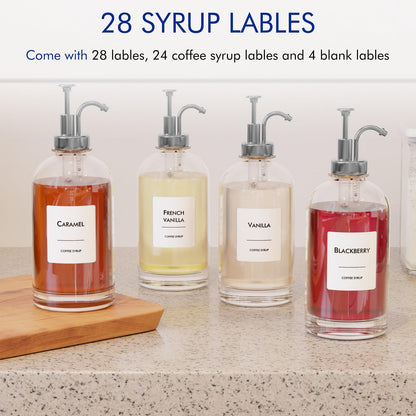 16.9 oz (500 ml) Coffee Syrup Dispenser Set- 4 Glass Bottles with Gold Pumper and Syrup Labels - Precise Dispensing and Stylish Addition to Coffee Shop, Cafe or Home Bar