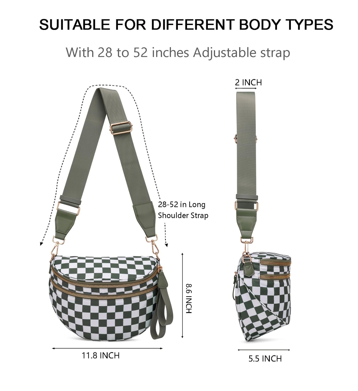 Pure Colour Crossbody Bum Bags for Women Spacious Checkered Cross body Bag Nylon Trendy Fanny Pack for Travel