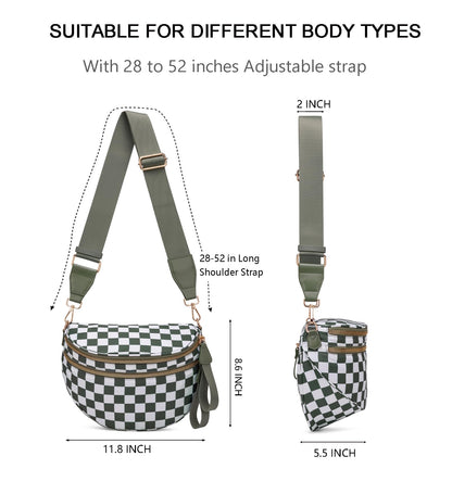 Pure Colour Crossbody Bum Bags for Women Spacious Checkered Cross body Bag Nylon Trendy Fanny Pack for Travel