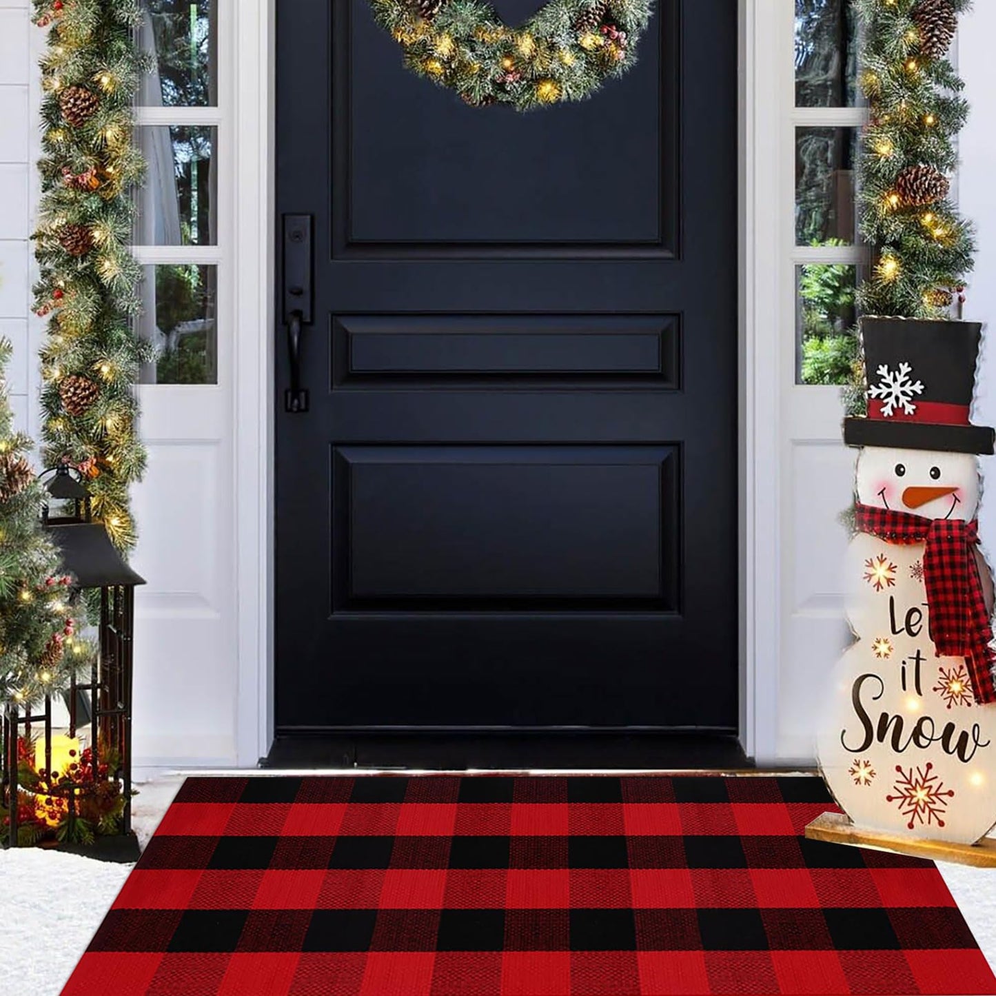 Christmas Door Mat Outdoor 35.4''x59'' Buffalo Plaid Christmas Decor Rug Cotton Hand-Woven Layered Door Mats Washable Carpet for Front Porch, Kitchen, Farmhouse, Entryway
