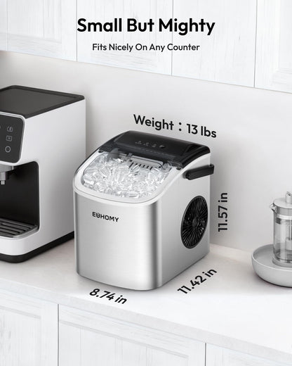 EUHOMY Countertop Ice Maker Machine with Handle, 26lbs in 24Hrs, 9 Ice Cubes Ready in 6 Mins, Auto-Cleaning Portable Ice Maker with Basket and Scoop, for Home/Kitchen/Camping/RV. (Black)