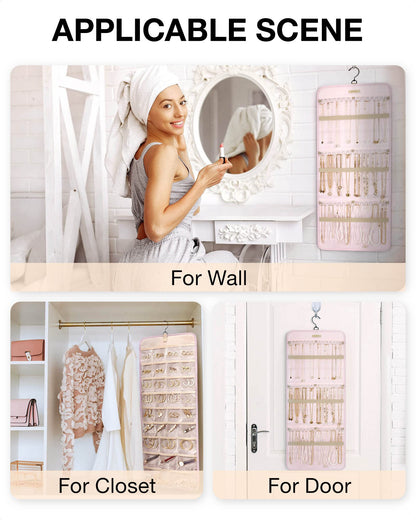 BAGSMART Hanging Jewelry Organizer Storage Roll with Hanger Metal Hooks Double-Sided Jewelry Holder for Earrings, Necklaces, Rings on Closet, Wall, Door, 1 piece, Medium, Pink