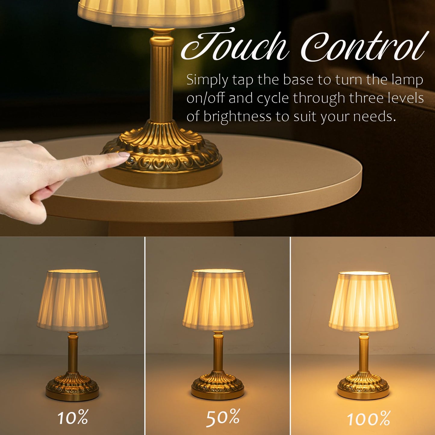 Cordless Table Lamp with Touch Control, Small LED Bedside Lamp with Pleated Shade, 3 Brightness Levels Nightstand Lamp for Bedroom, Living Room & Dorm Room