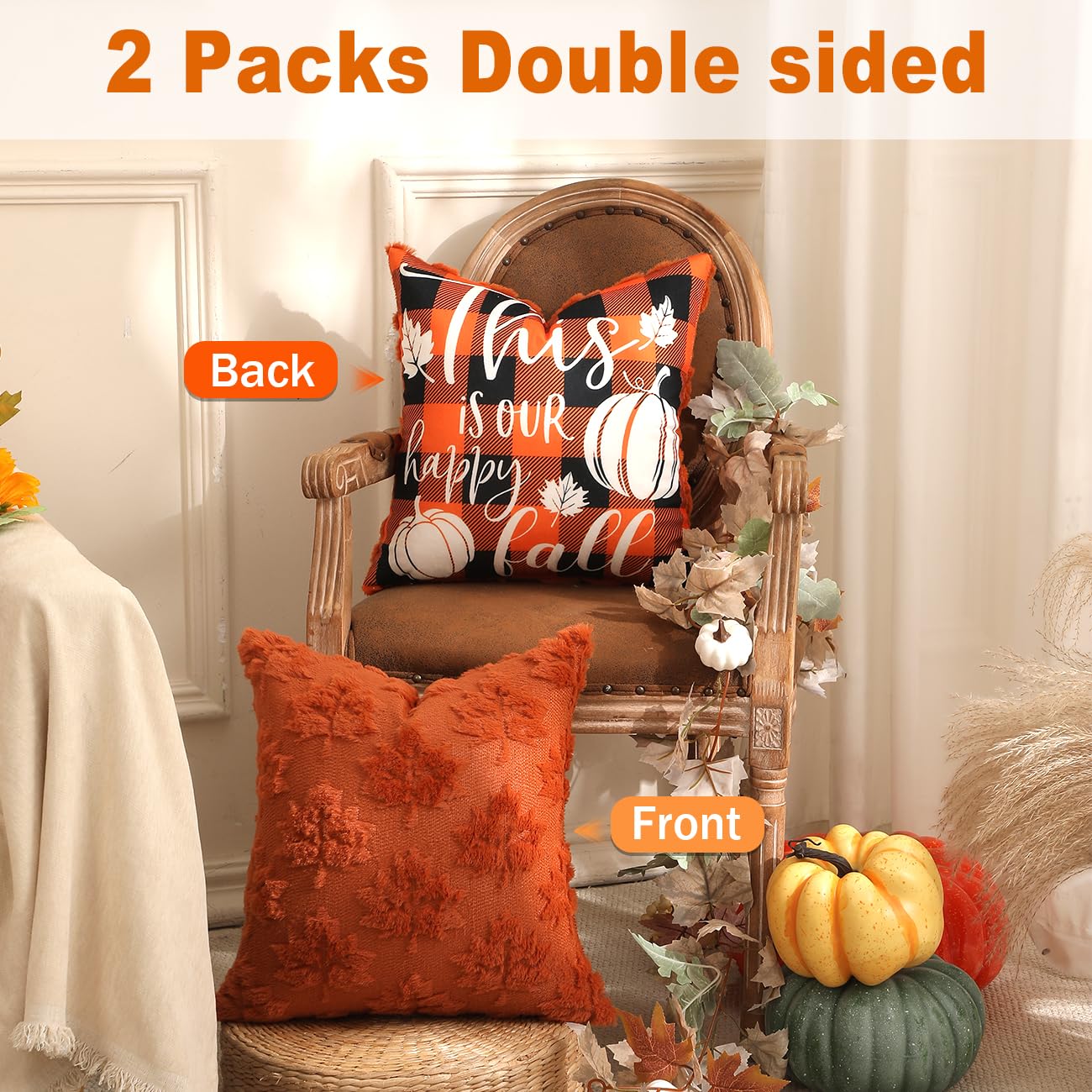TOYPOPOR Halloween Decorations, 2 Packs Double Sided Ghost Pillow Covers, Soft Fur Throw Pillow Cases Indoor outdoor Pumpkin Couch Cushion Case for Fall Autumn Bedroom Living Room Home Decor 18''x18''