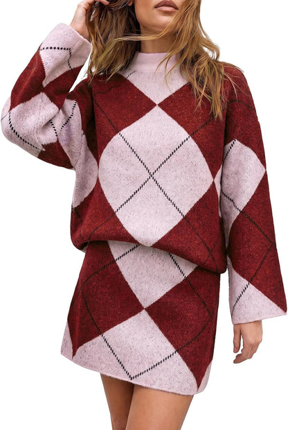 Cicy Bell Women Mock Neck Argyle Sweater 2 Piece Outfits Mini Skirt Sets
