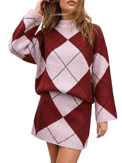 Cicy Bell Women Mock Neck Argyle Sweater 2 Piece Outfits Mini Skirt Sets
