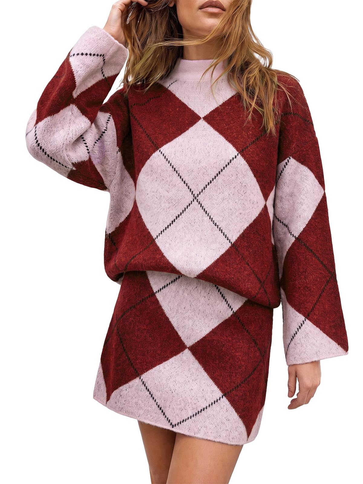 Cicy Bell Women Mock Neck Argyle Sweater 2 Piece Outfits Mini Skirt Sets