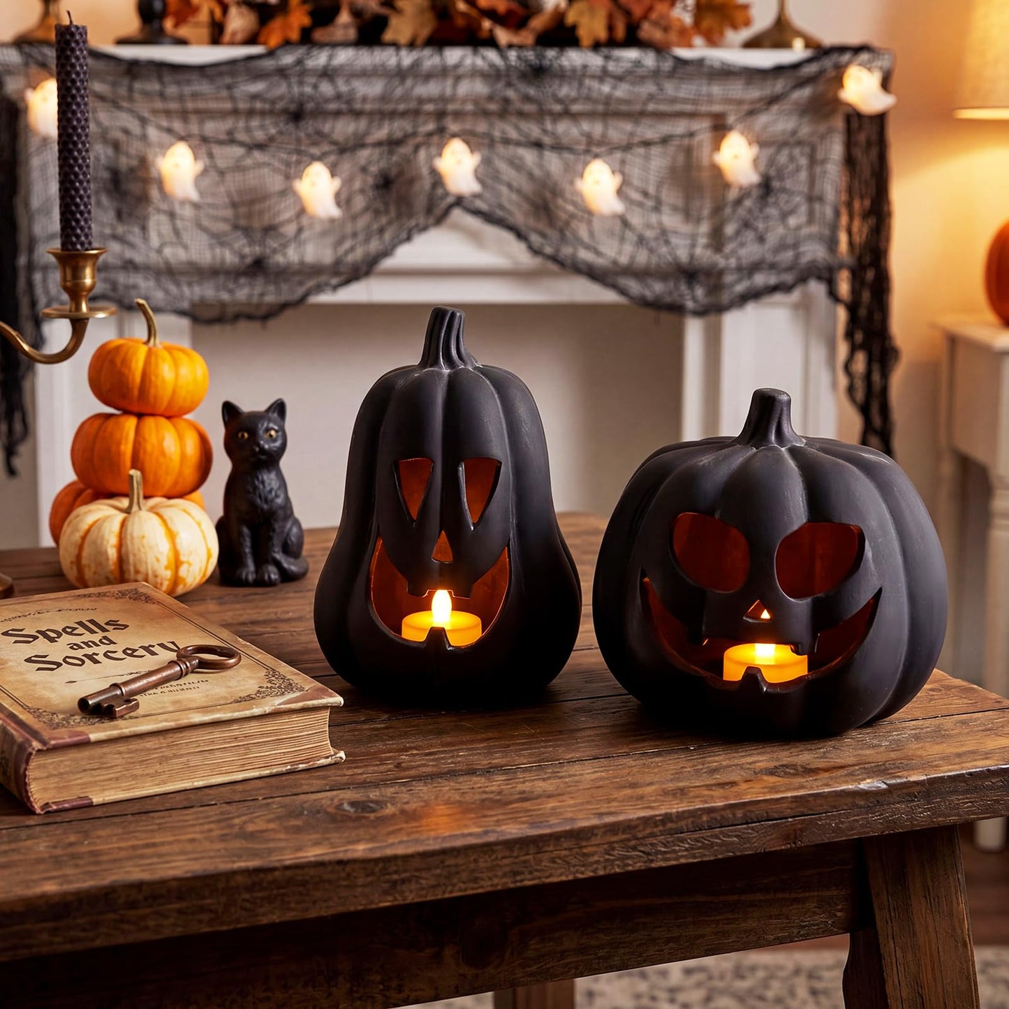Tioncy 2 Pack Fall Decor Halloween Decorations Terracotta Pumpkin Decoration Handmade Clay Pumpkin Jack-o-Lantern Halloween Tealight Holder Rustic Farmhouse Fall Home Decor for Table(Orange)