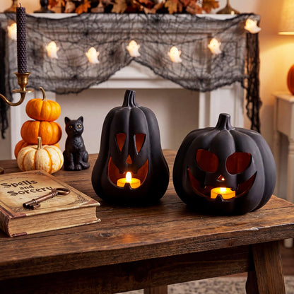 Tioncy 2 Pack Fall Decor Halloween Decorations Terracotta Pumpkin Decoration Handmade Clay Pumpkin Jack-o-Lantern Halloween Tealight Holder Rustic Farmhouse Fall Home Decor for Table(Orange)
