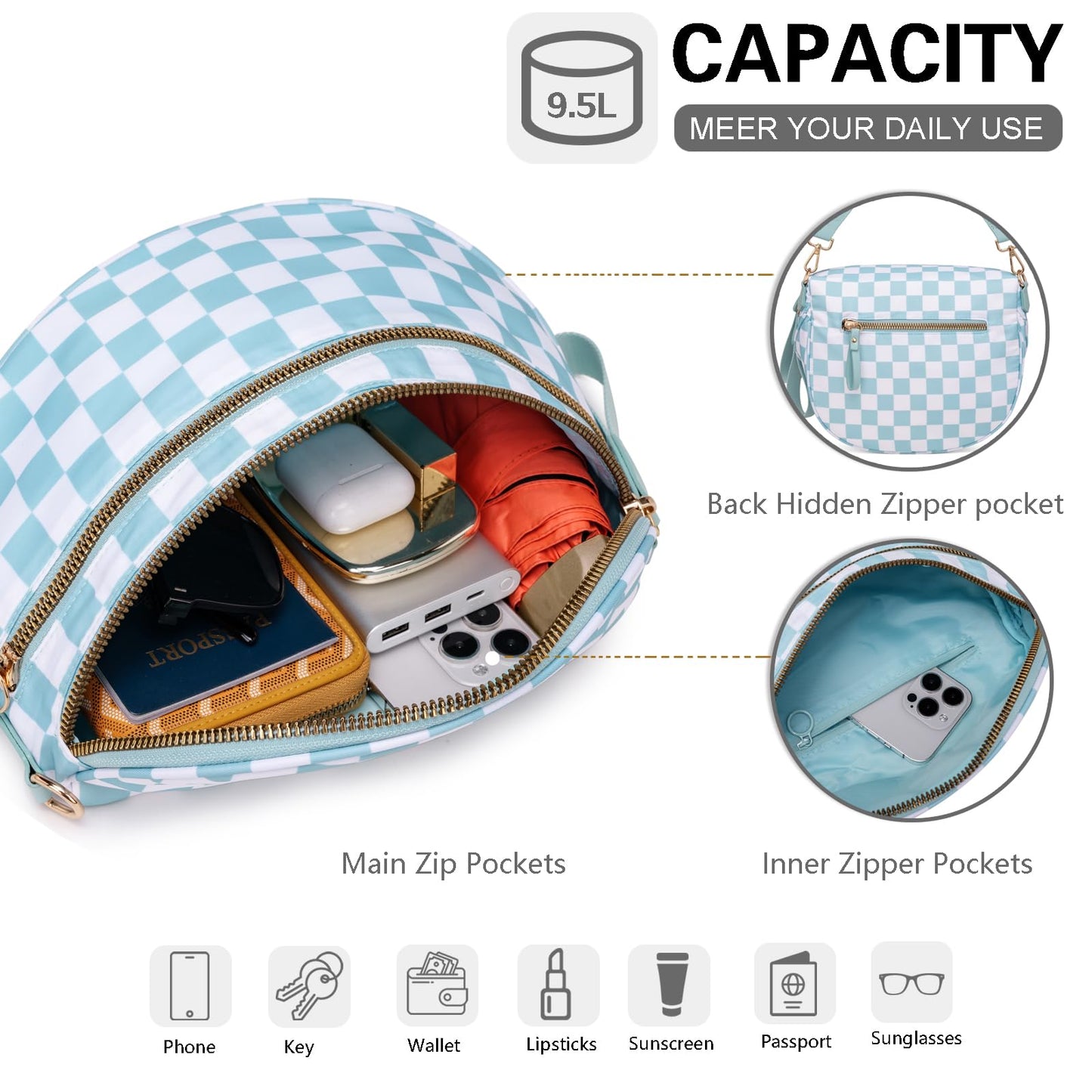 Pure Colour Crossbody Bum Bags for Women Spacious Checkered Cross body Bag Nylon Trendy Fanny Pack for Travel