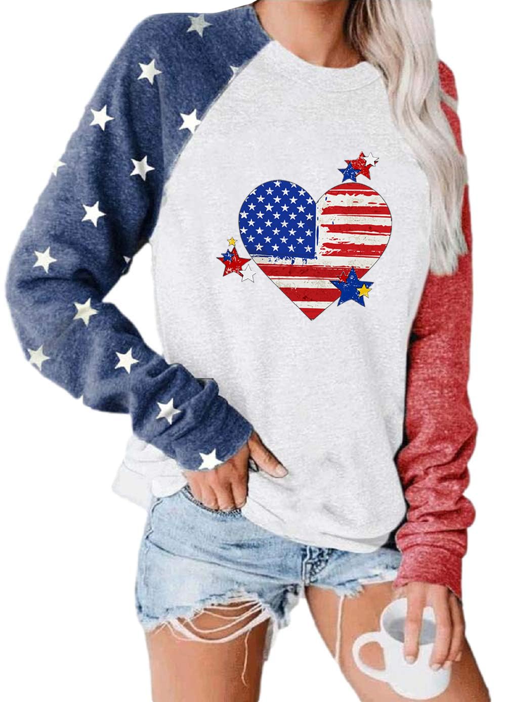 Womens Long Sleeve Baseball Mom American Flag Star Sweatshirt