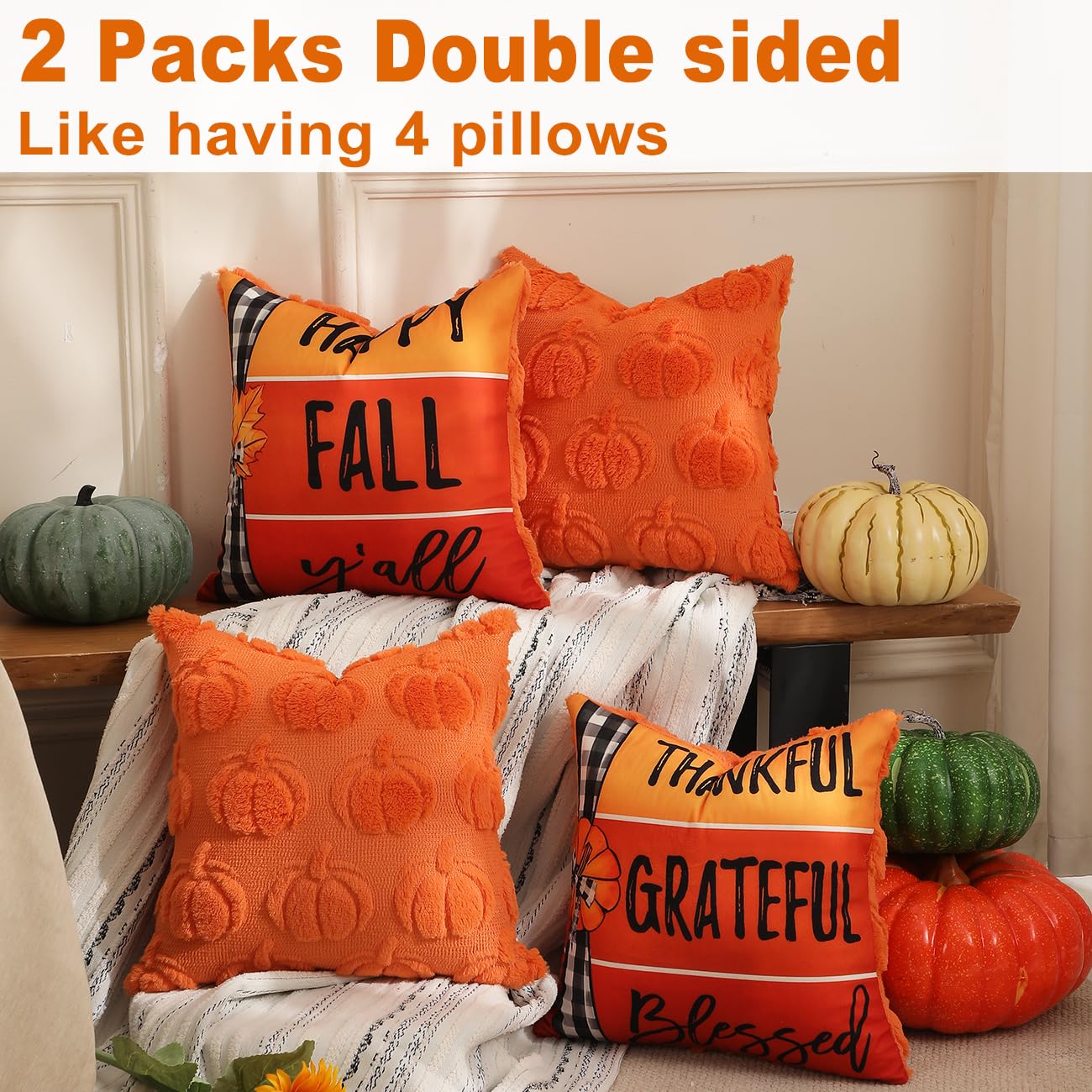 TOYPOPOR Halloween Decorations, 2 Packs Double Sided Ghost Pillow Covers, Soft Fur Throw Pillow Cases Indoor outdoor Pumpkin Couch Cushion Case for Fall Autumn Bedroom Living Room Home Decor 18''x18''