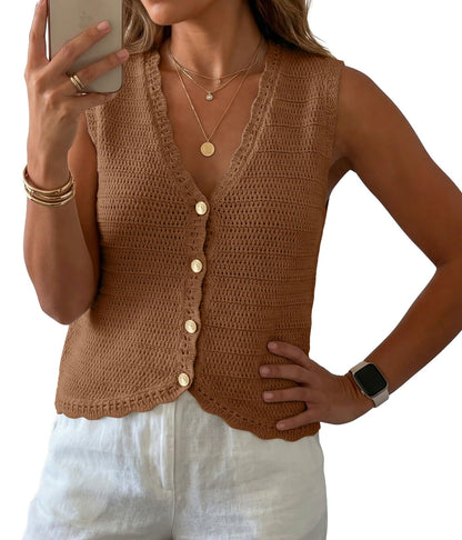 GRECERELLE Women's Summer Sleeveless V Neck Sweater Vest Knit Tank Top | Button Front Closure, Crochet Knit Design, Casual Style, Cropped Fit, Versatile Layering, for Office, Travel