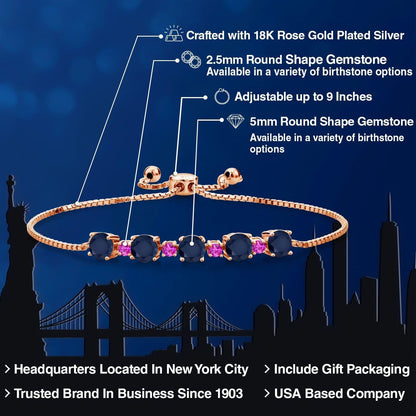 Gem Stone King Gemstone Birthstone and Pink Sapphire Tennis Bracelet 18K Rose Gold Plated Silver | Round 5MM and 2.5MM | Adjustable Bolo Design | Easy-On Easy-Off
