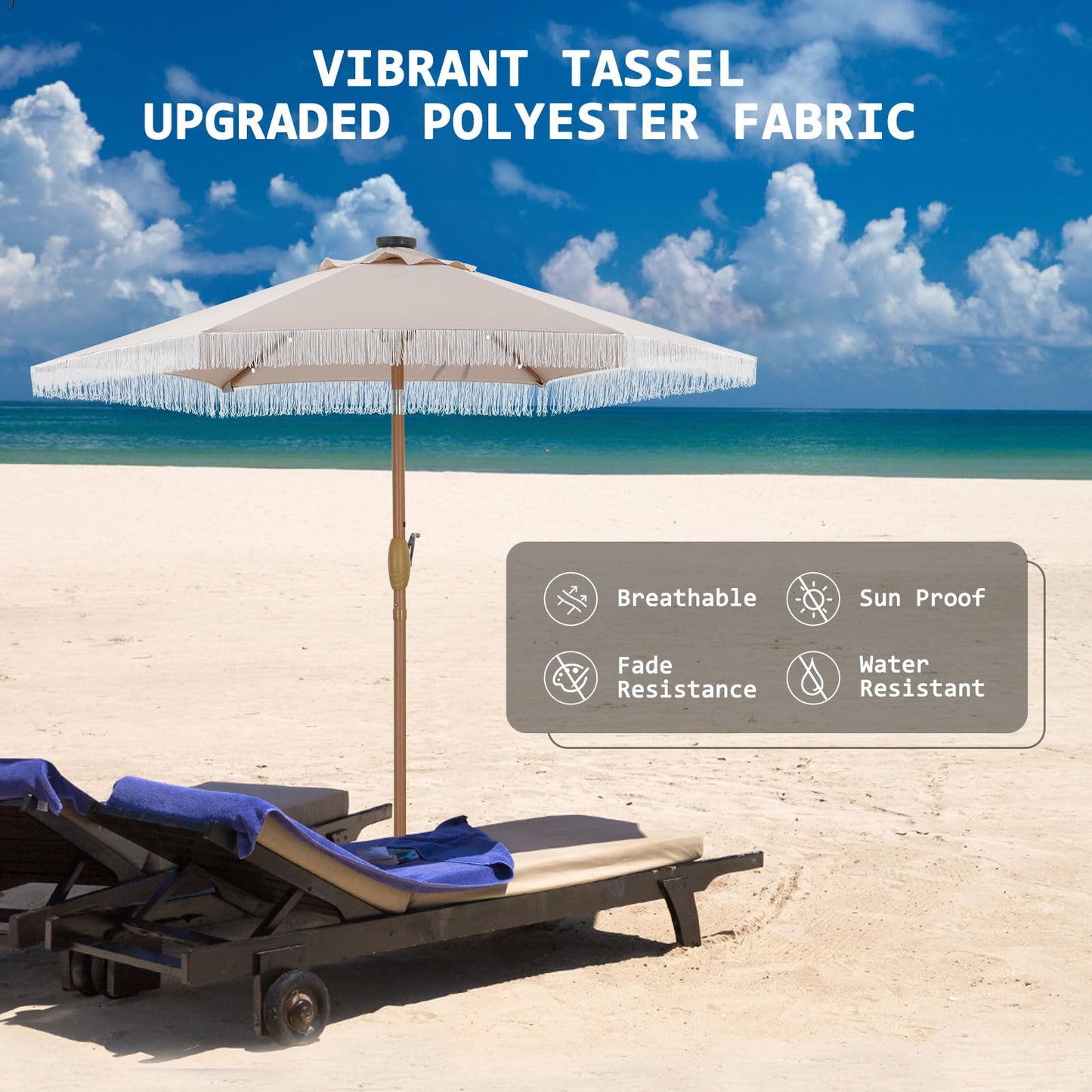 GDY 7.5ft Tassel Patio Umbrella and Matching Base, Outdoor Table Umbrella with 18 LED Lights,Market Umbrella with 6 Sturdy Ribs, with Push Button Tilt and Crank, Bright White