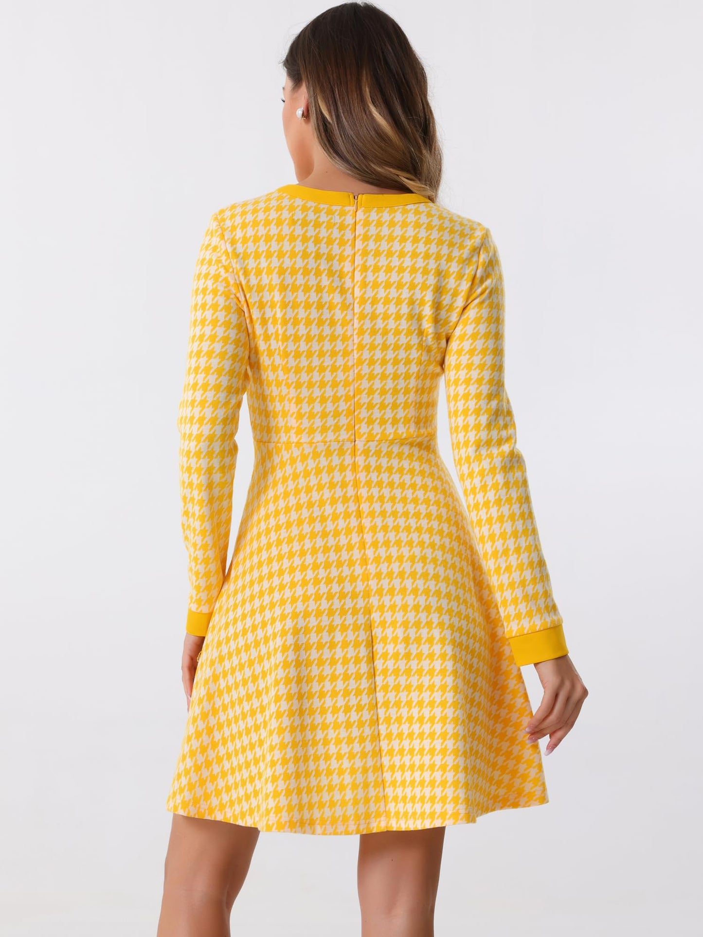 Allegra K Women's Houndstooth Plaid A-Line Elegant Business Work Dress