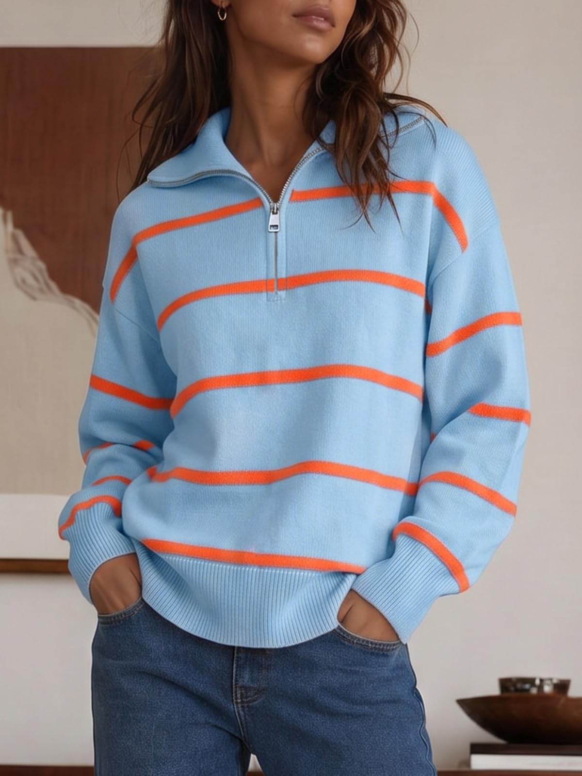Fisoew Womens Quarter Zip Striped Sweater Oversized Turtleneck Pullover Top