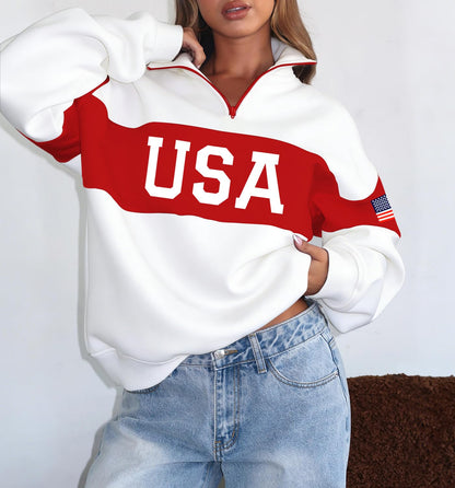 LEEDYA Women Long Sleeve American Flag Sweatshirts Half Zip USA Sweater