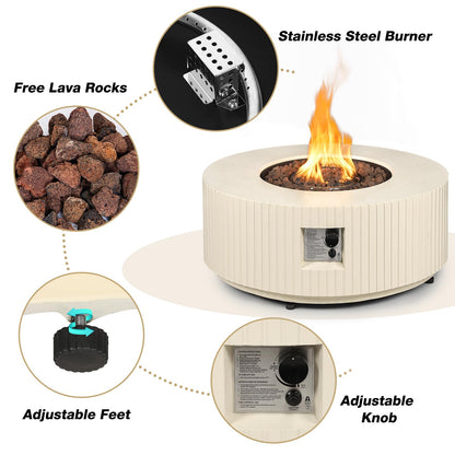31.5 Inch Round Propane Fire Pit Table - Concrete Round Fire Bowl 50,000 BTU Natural Gas Firepit Burner with Steel Lid, Lava Rocks, Waterproof Cover for Outside Patio, Backyard, Party