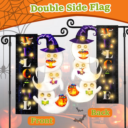 Halloween Lighted Garden Flag for Outside, Led Solar Yard Flag 8 Modes Witch Feet Shape Flag, 28x40 Double Sided Cauldron Eyeball Black Cat Decorations for Home Porch