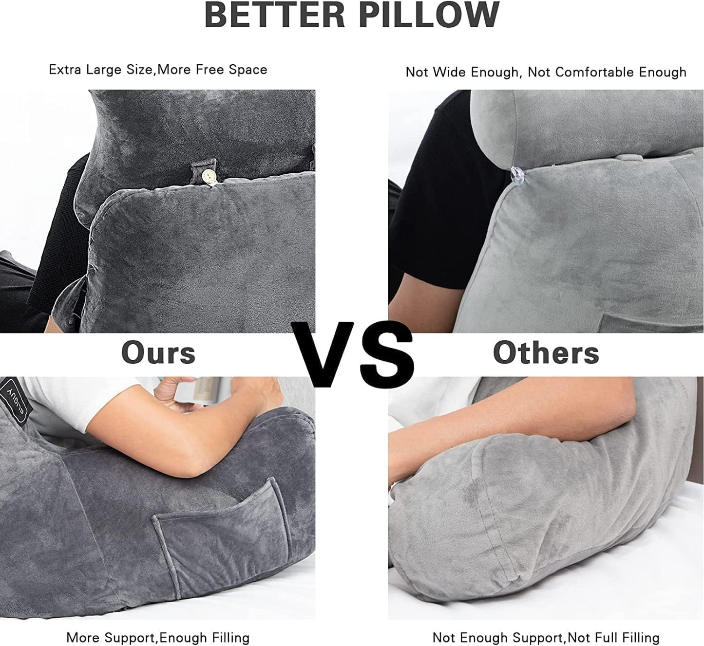 Reading Pillow-Extra Large 31" Bed Rest Pillow with Detachable Neck Roll & Arms for Sitting in Bed or Couch-Backrest Reading Pillow Adult Back Pillows for Reading,Watching TV,Gaming,Relaxing-Black