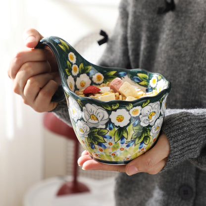 ALMA Handpainted Microwavable Soup Bowl with Loop Handle 18.6oz, Cereal Bowl With Handle Great for Berry, Fruits, Chili, Stew, Ice cream,Floral Soup Mug for Women