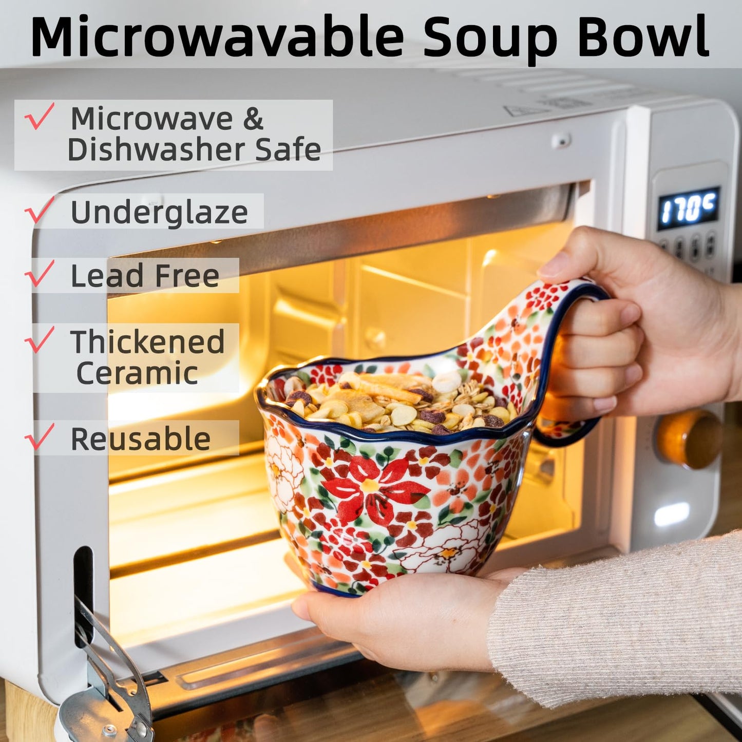 ALMA Handpainted Microwavable Soup Bowl with Loop Handle 18.6oz, Cereal Bowl With Handle Great for Berry, Fruits, Chili, Stew, Ice cream,Floral Soup Mug for Women