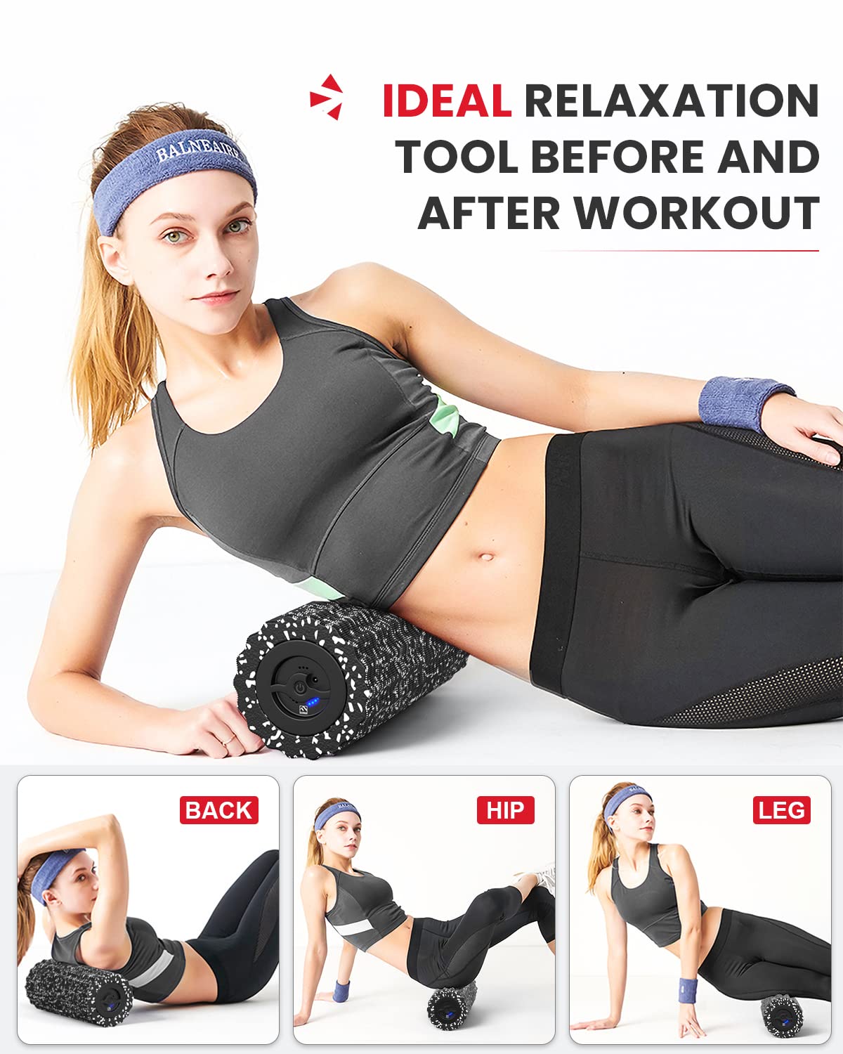 FITINDEX Vibrating Foam Roller for Back Pain, FSA&HSA Eligible, 5-Speed Muscle Massage, Exercise, Muscles Deep Tissue, Physical Therapy, Pilates, Yoga, Neck, Leg, Rechargeable, Travel Portable, Gray