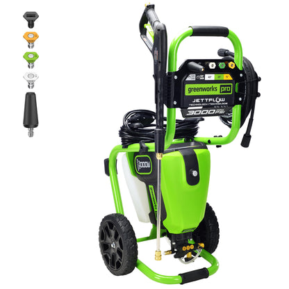 Greenworks 3000 PSI (2.0 GPM Max) Brushless Electric Pressure Washer (15°, 25°, 40°, Turbo and Soap Nozzle) for Use On Decks, Fences, Driveways, Sidewalks, Siding & More. Heavy-Duty