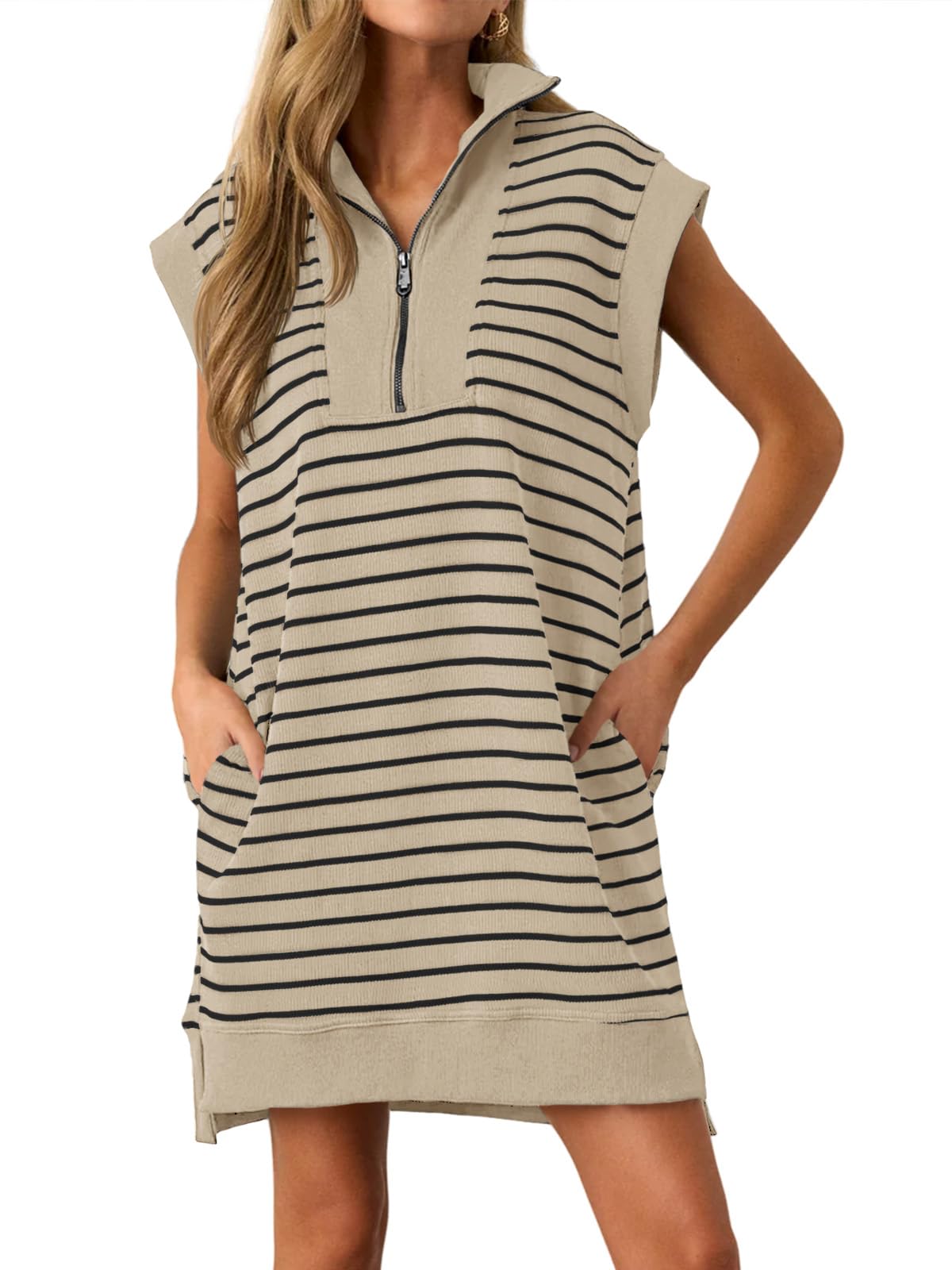 Wenrine Womens Striped Zipper Collar V Neck Loose Knit Summer Mini Dress