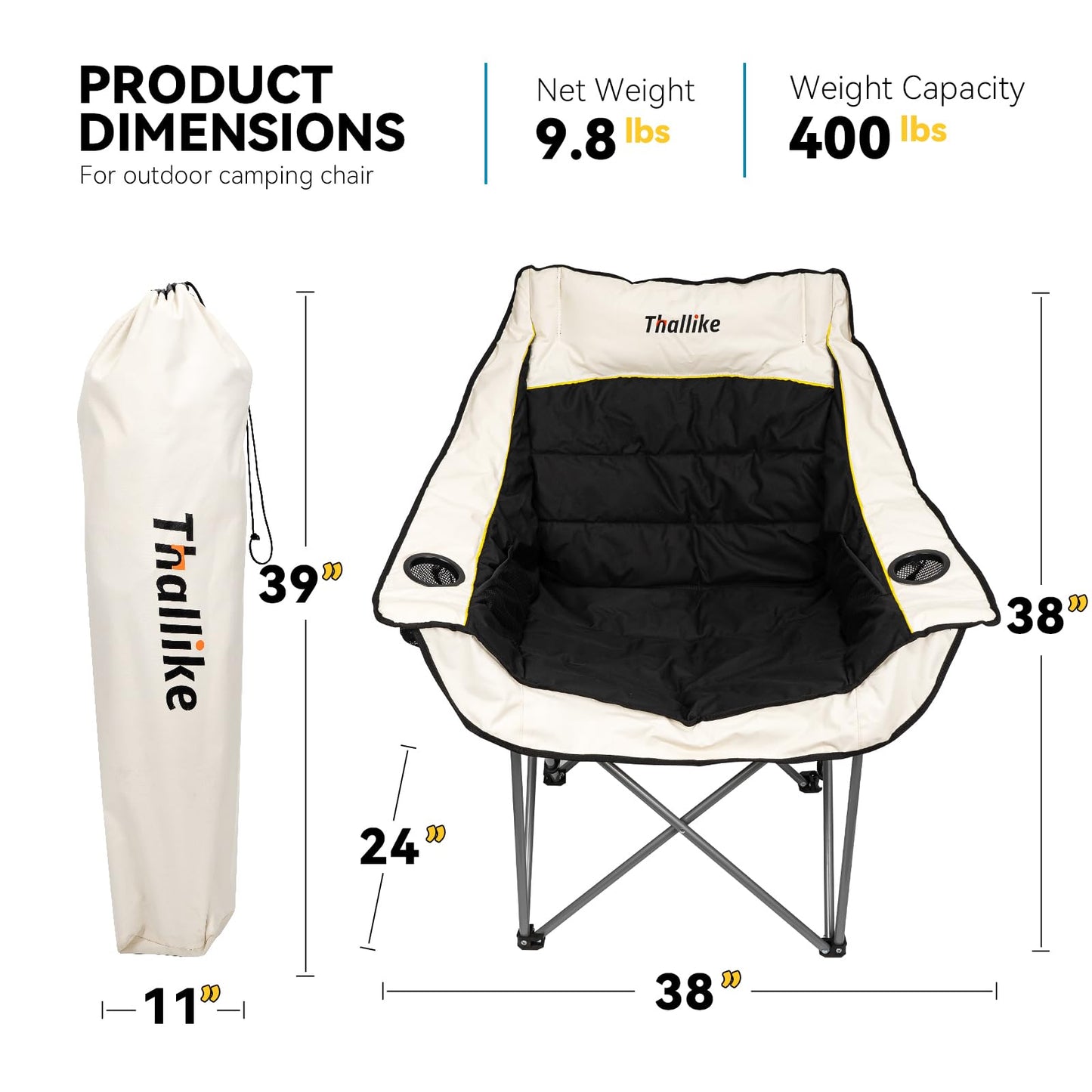 Oversized Camping Chair for Adults – Heavy Duty Folding Chair with Cup Holders, Storage Pocket & Carry Bag – Outdoor Padded Camp Chair for Camping, Backyard, Fishing & Sports – Supports 400lbs