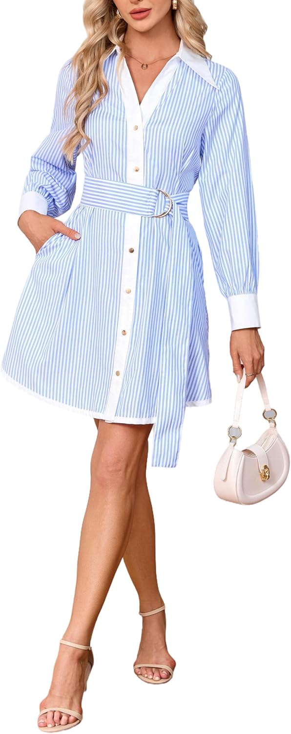 Womens Striped Long Sleeve Button Down Mini Shirt Dress V Neck Belted Dress