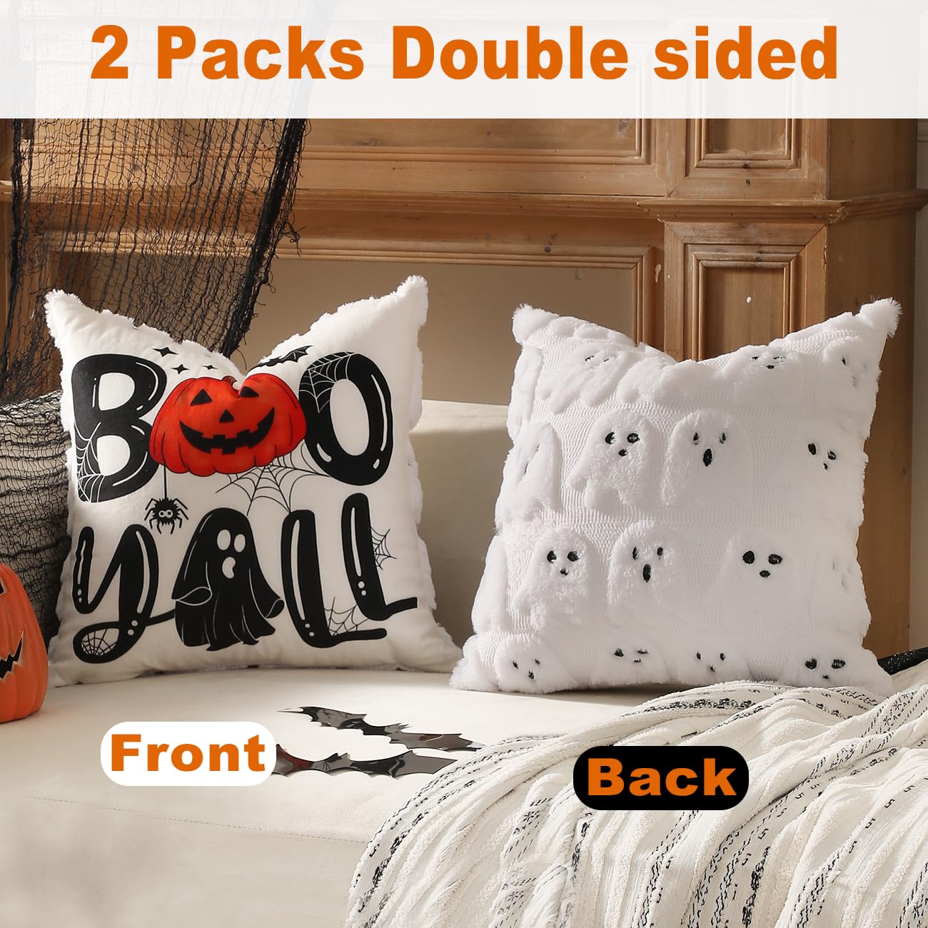 TOYPOPOR Halloween Decorations, 2 Packs Double Sided Ghost Pillow Covers, Soft Fur Throw Pillow Cases Indoor outdoor Pumpkin Couch Cushion Case for Fall Autumn Bedroom Living Room Home Decor 18''x18''