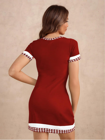 Women's Houndstooth Print Tie Front Dress