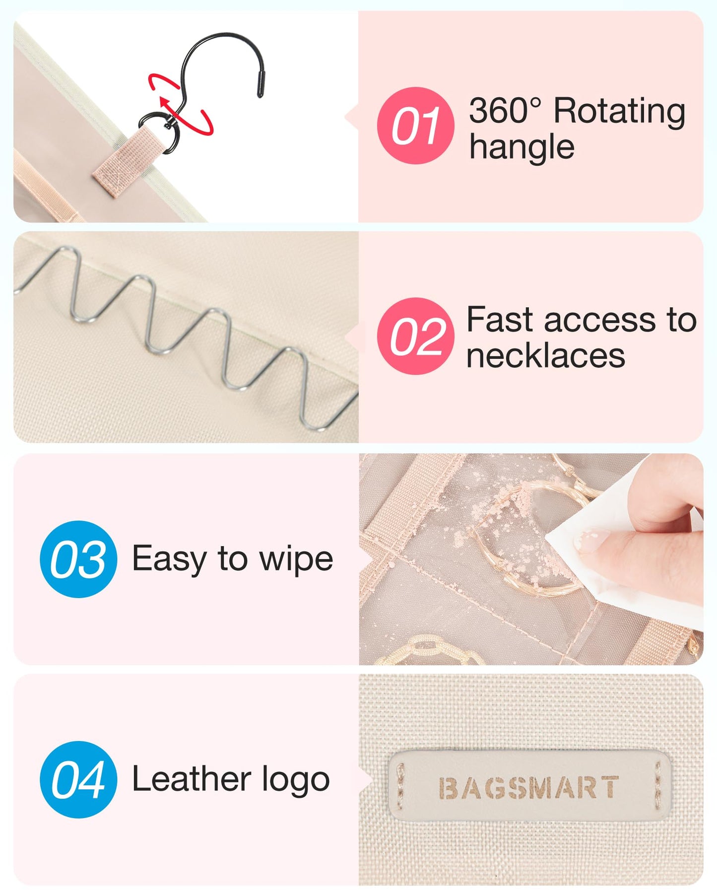 BAGSMART Hanging Jewelry Organizer Storage Roll with Hanger Metal Hooks Double-Sided Jewelry Holder for Earrings, Necklaces, Rings on Closet, Wall, Door, 1 piece, Medium, Pink